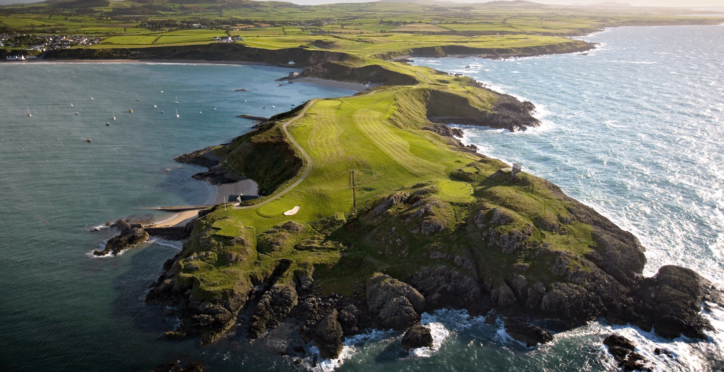 Aerial of Old Course on Porth Dinllaen Peninsula Nefyn & District Golf Club