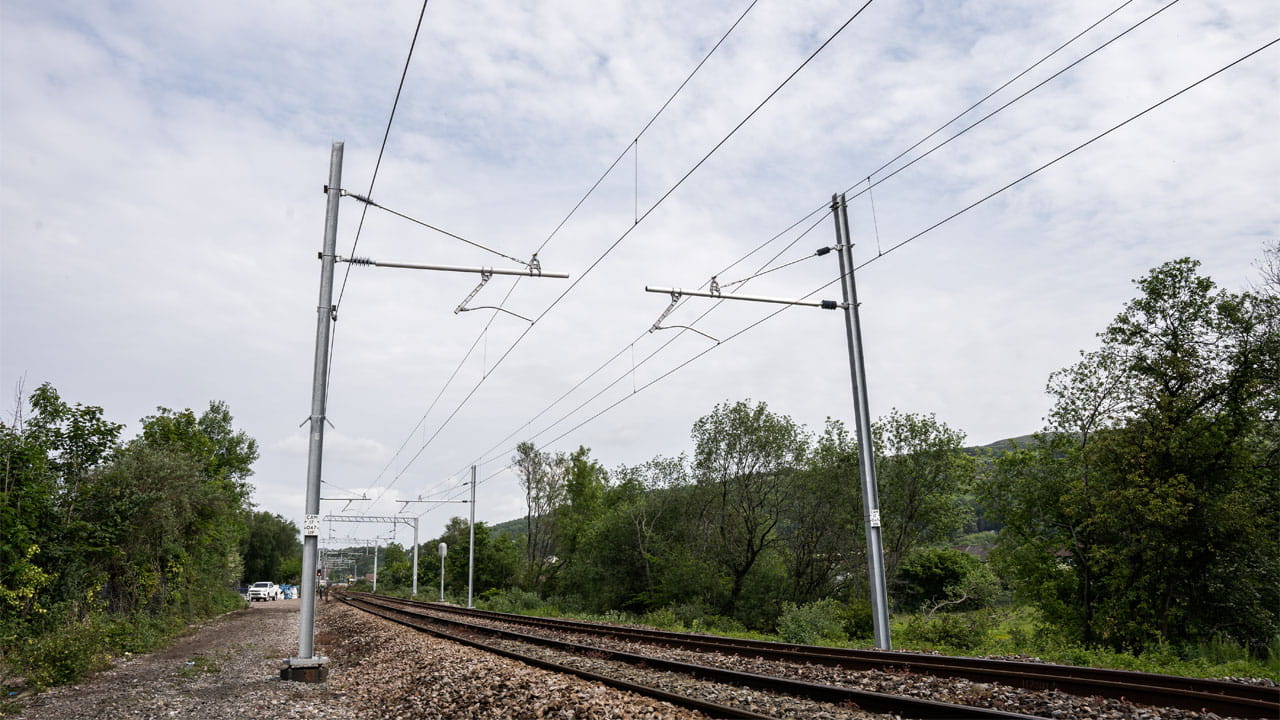 A photo showcasing newly installed Overhead Line Electrification